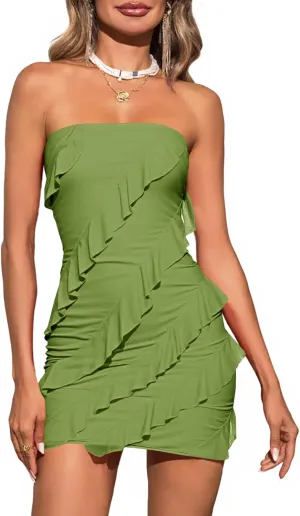 Wenrine Women's Sexy Strapless Mini Dress Summer Bodycon Sleeveless Mesh Ruffle Casual Tube Top Club Party Dresses