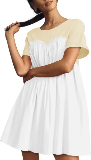 Wenrine Womens Short Sleeve T Shirt Dress Summer Babydoll Patchwork Swing Casual Mini Dresses