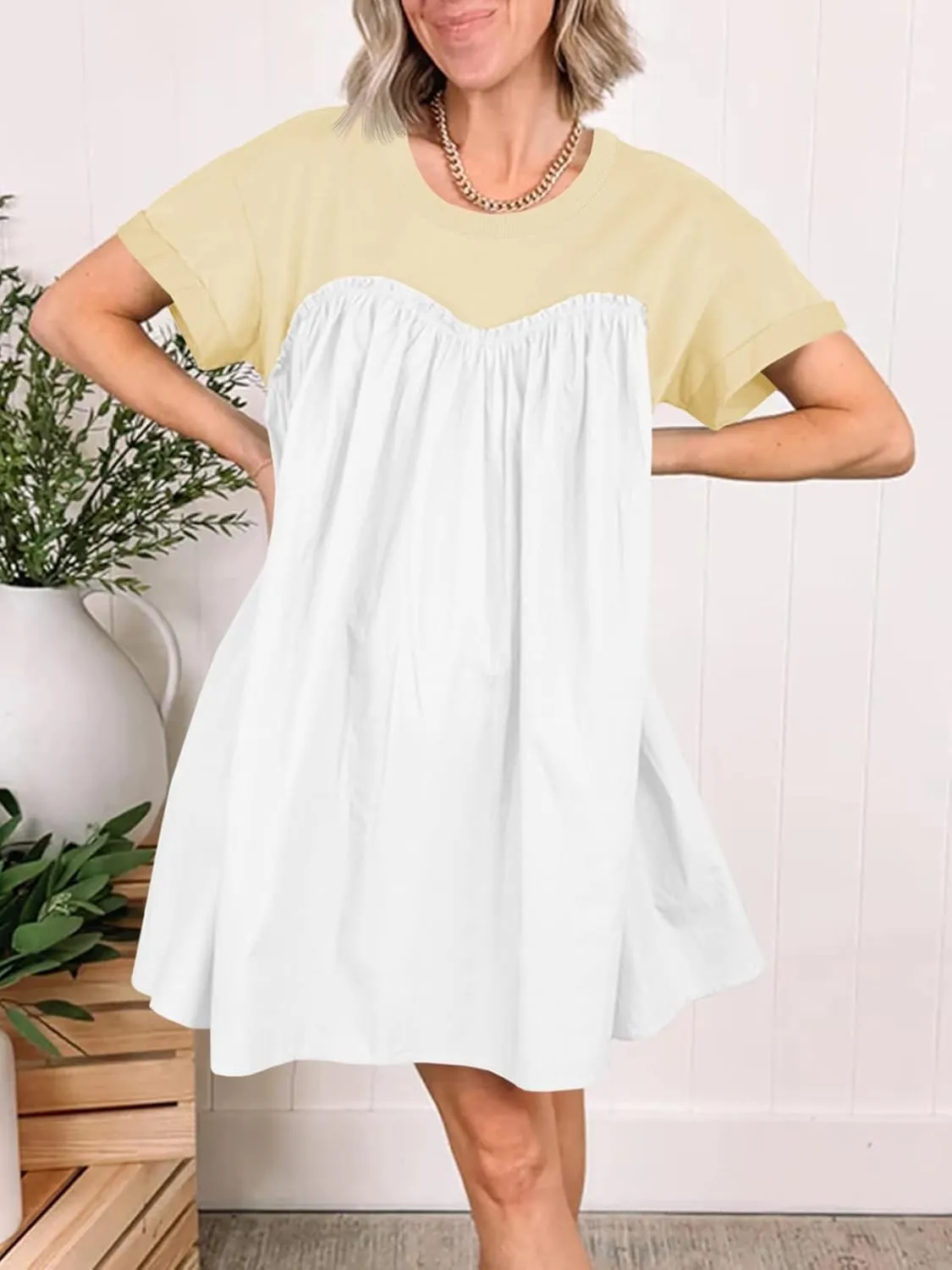 Wenrine Womens Short Sleeve T Shirt Dress Summer Babydoll Patchwork Swing Casual Mini Dresses