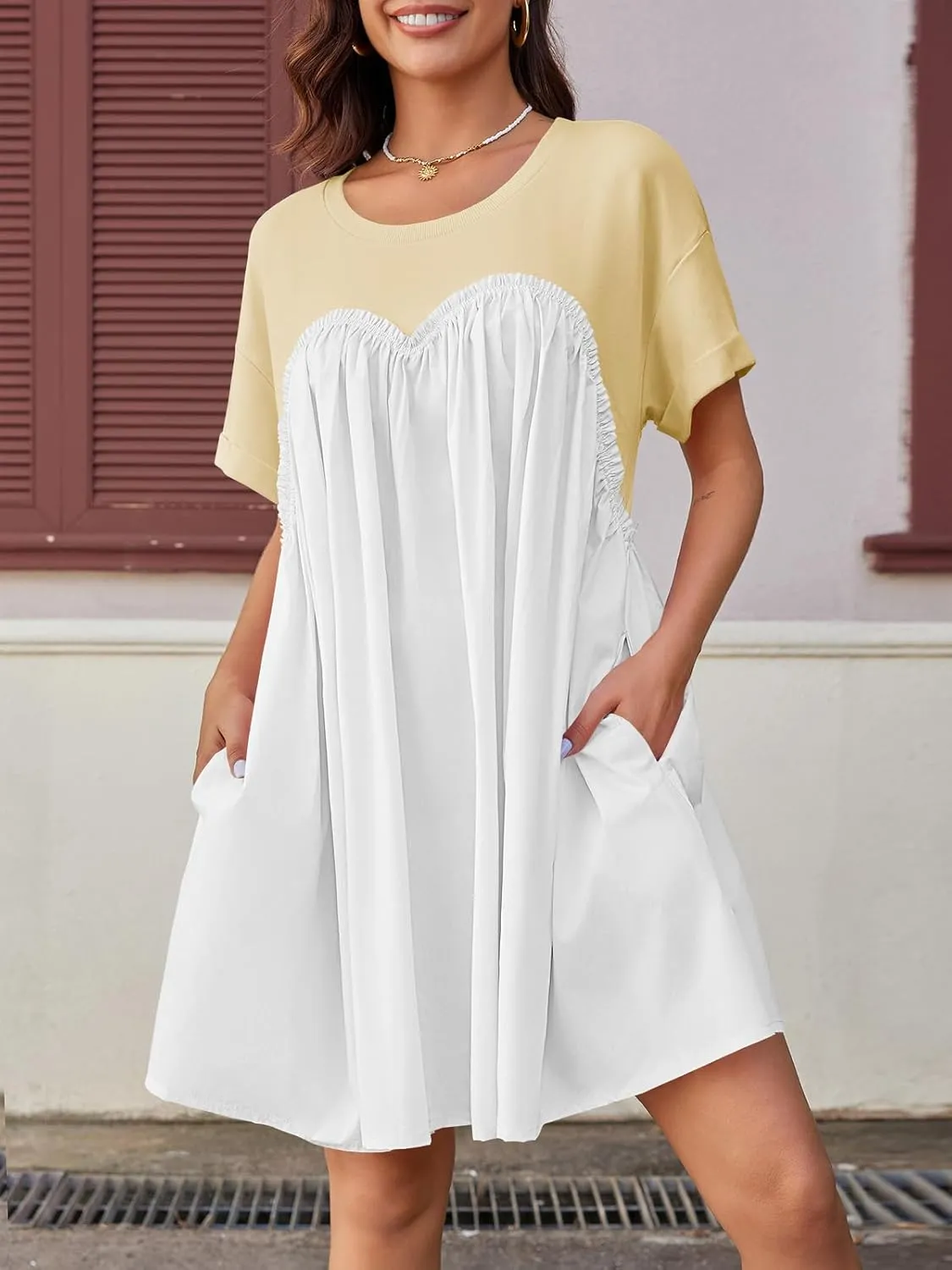 Wenrine Womens Short Sleeve T Shirt Dress Summer Babydoll Patchwork Swing Casual Mini Dresses