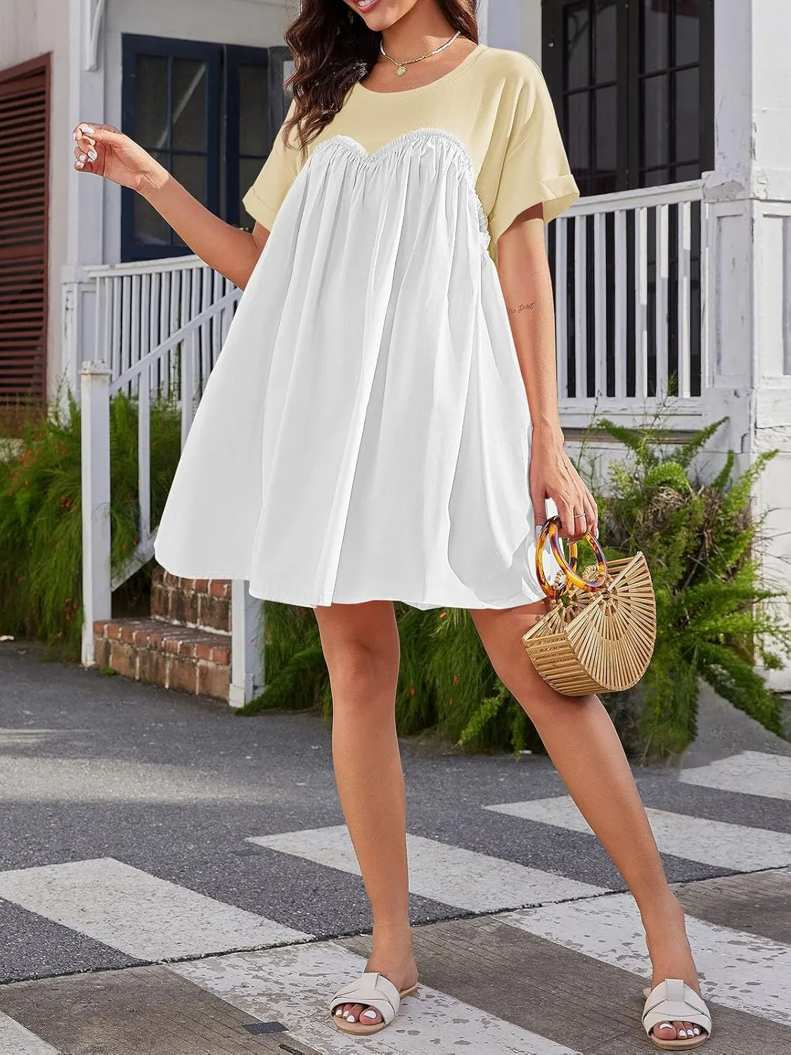 Wenrine Womens Short Sleeve T Shirt Dress Summer Babydoll Patchwork Swing Casual Mini Dresses