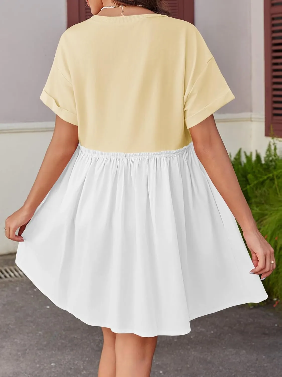 Wenrine Womens Short Sleeve T Shirt Dress Summer Babydoll Patchwork Swing Casual Mini Dresses