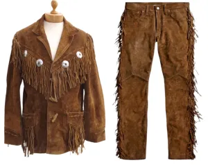 Western Brown Suede Leather Fringe Suits Jacket & Pant WJP117