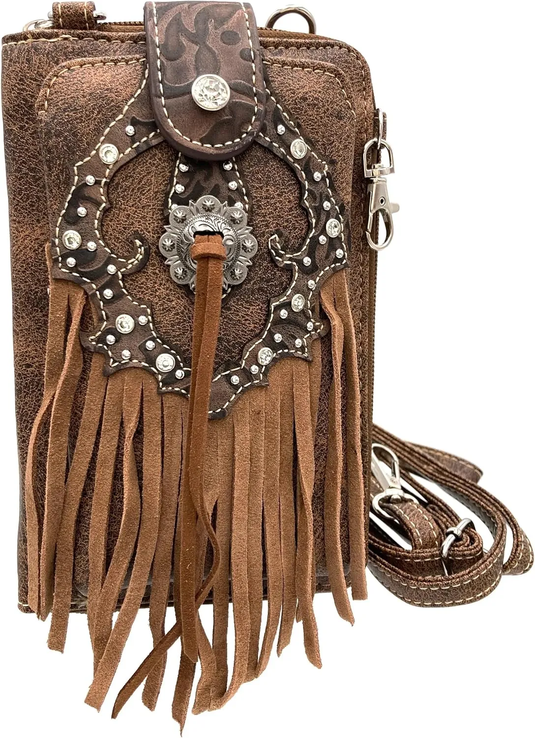 Western Concho Fringe Lace Two Toned Women's Crossbody Phone Wallet