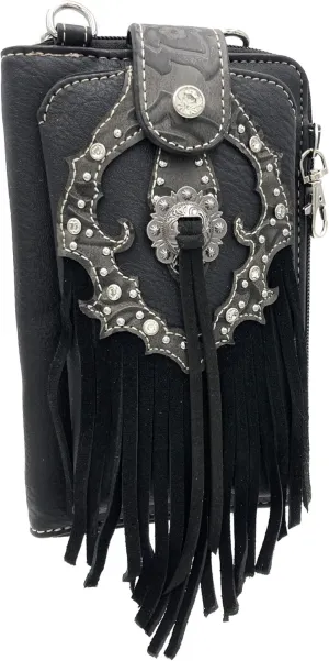 Western Concho Fringe Lace Two Toned Women's Crossbody Phone Wallet