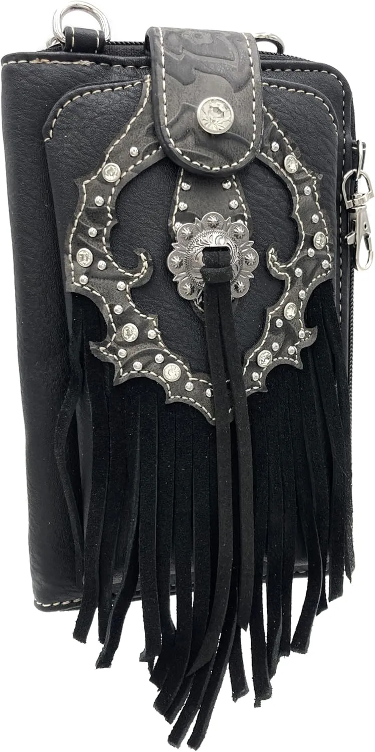 Western Concho Fringe Lace Two Toned Women's Crossbody Phone Wallet