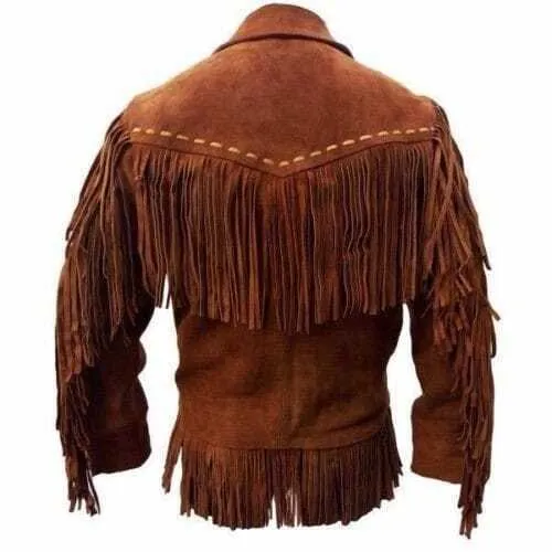 Western Cowboy Brown Suede Leather Fringe Jacket for Mens NFJ805