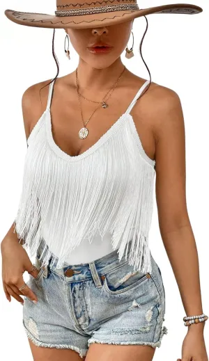 Western Cowgirl Fringe Top for Women - Country Concert Outfits Festival Tassel Hem Boho Rodeo Dress Rave Tank Shirt