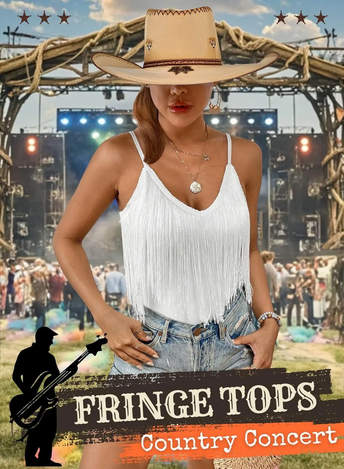 Western Cowgirl Fringe Top for Women - Country Concert Outfits Festival Tassel Hem Boho Rodeo Dress Rave Tank Shirt