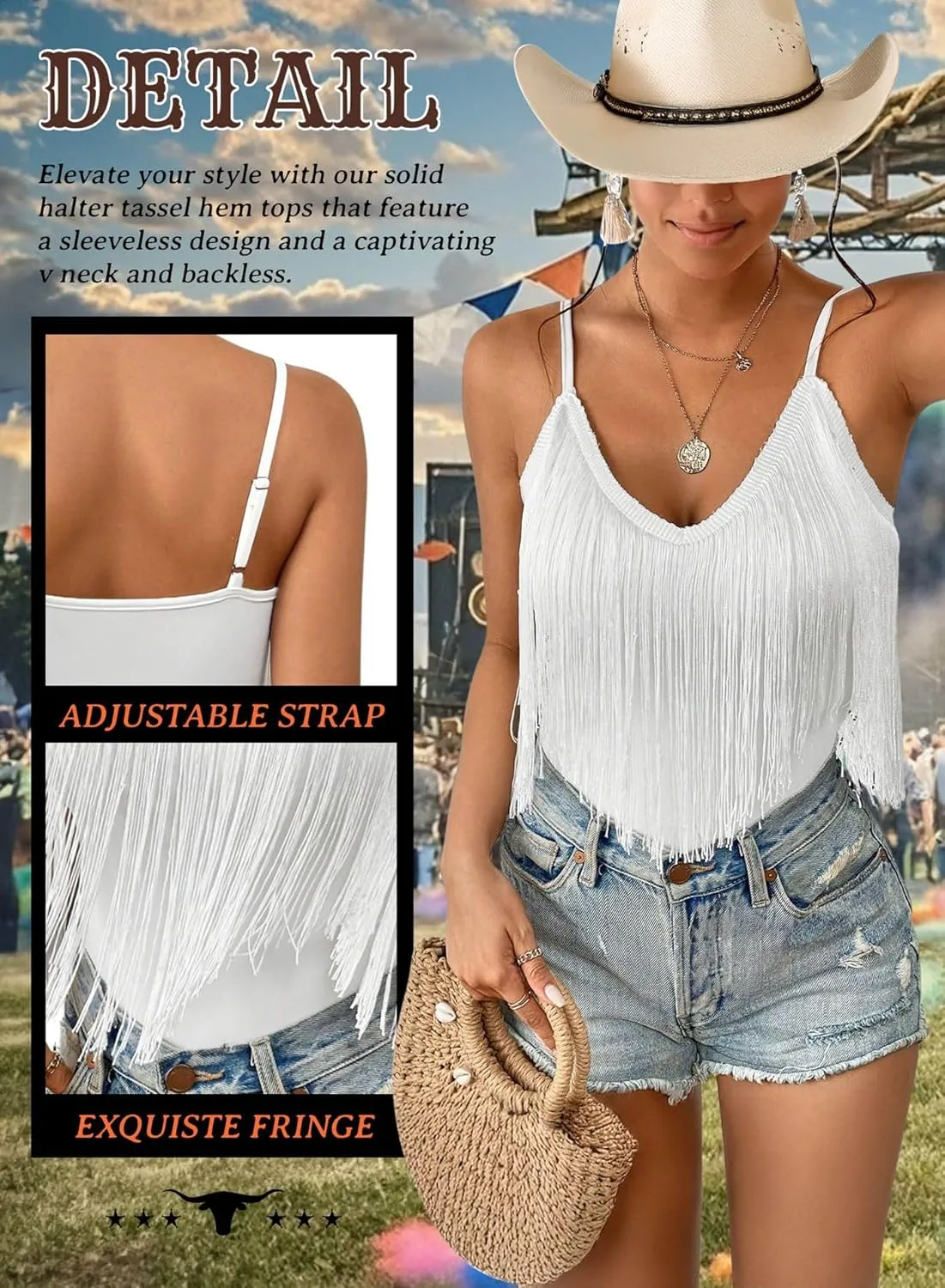 Western Cowgirl Fringe Top for Women - Country Concert Outfits Festival Tassel Hem Boho Rodeo Dress Rave Tank Shirt