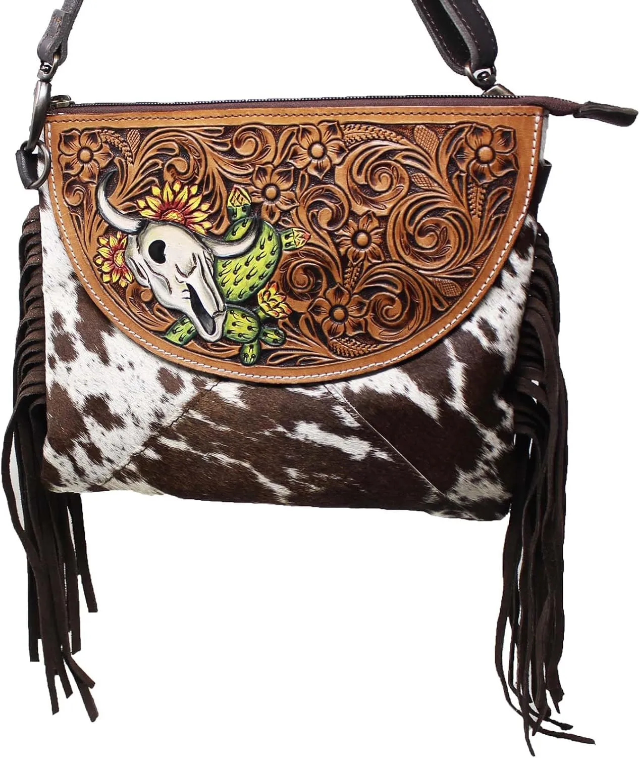 Western Cowhide Poker Card Aces Floral Tooled Leather Purse Shoulder Crossbody Bag w/Fringe