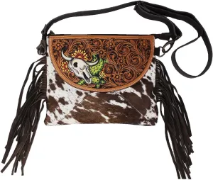 Western Cowhide Poker Card Aces Floral Tooled Leather Purse Shoulder Crossbody Bag w/Fringe