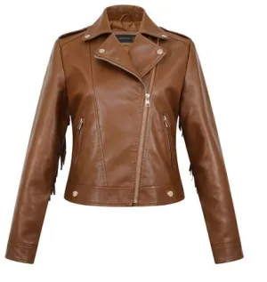 Western Fringe Brown Leather Biker Jacket for Women WFJ569