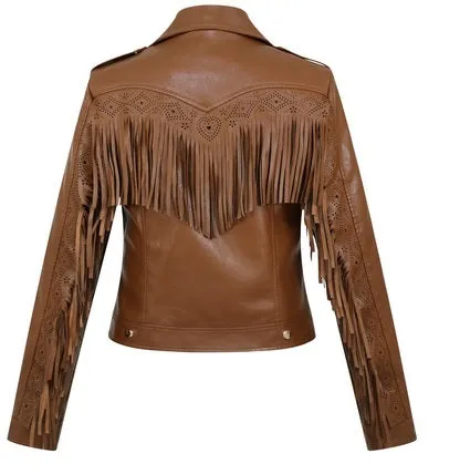 Western Fringe Brown Leather Biker Jacket for Women WFJ569