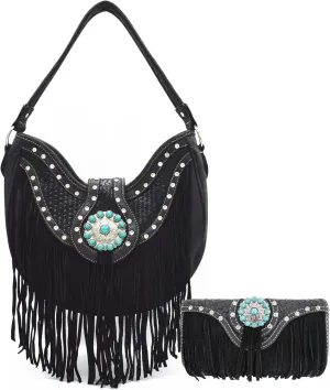 Western Style Fringe Conchos Gem Rhinestone Studded Woven Leather Purse Country Handbag Women Shoulder Bag Wallet Set