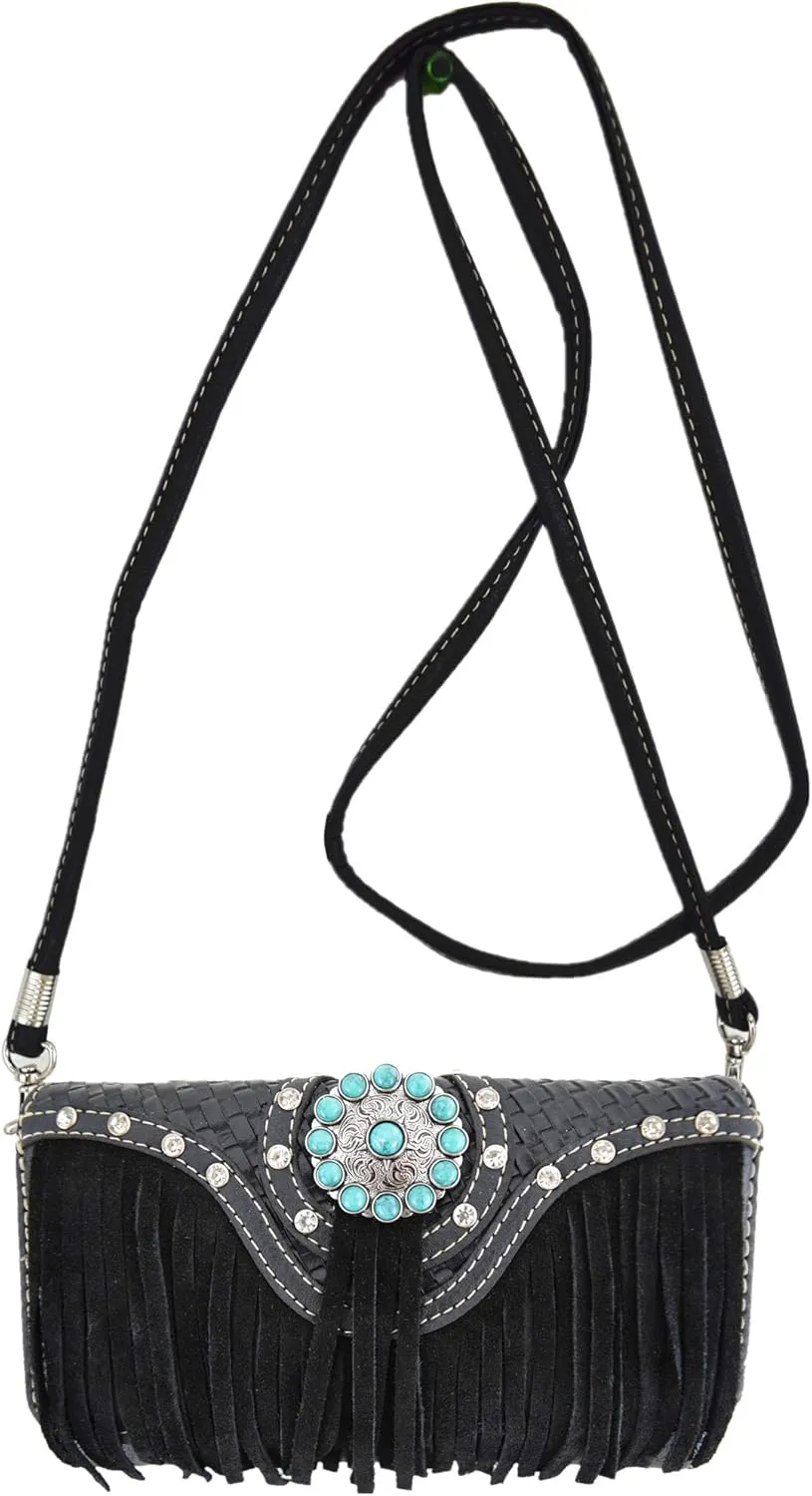 Western Style Fringe Conchos Gem Rhinestone Studded Woven Leather Purse Country Handbag Women Shoulder Bag Wallet Set