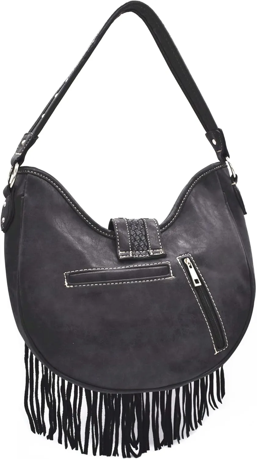 Western Style Fringe Conchos Gem Rhinestone Studded Woven Leather Purse Country Handbag Women Shoulder Bag Wallet Set