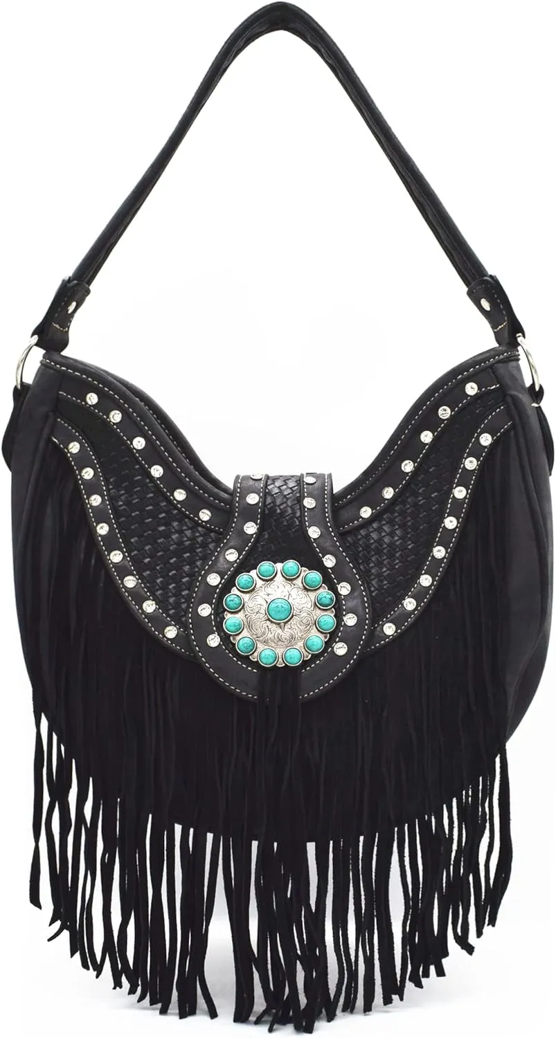 Western Style Fringe Conchos Gem Rhinestone Studded Woven Leather Purse Country Handbag Women Shoulder Bag Wallet Set