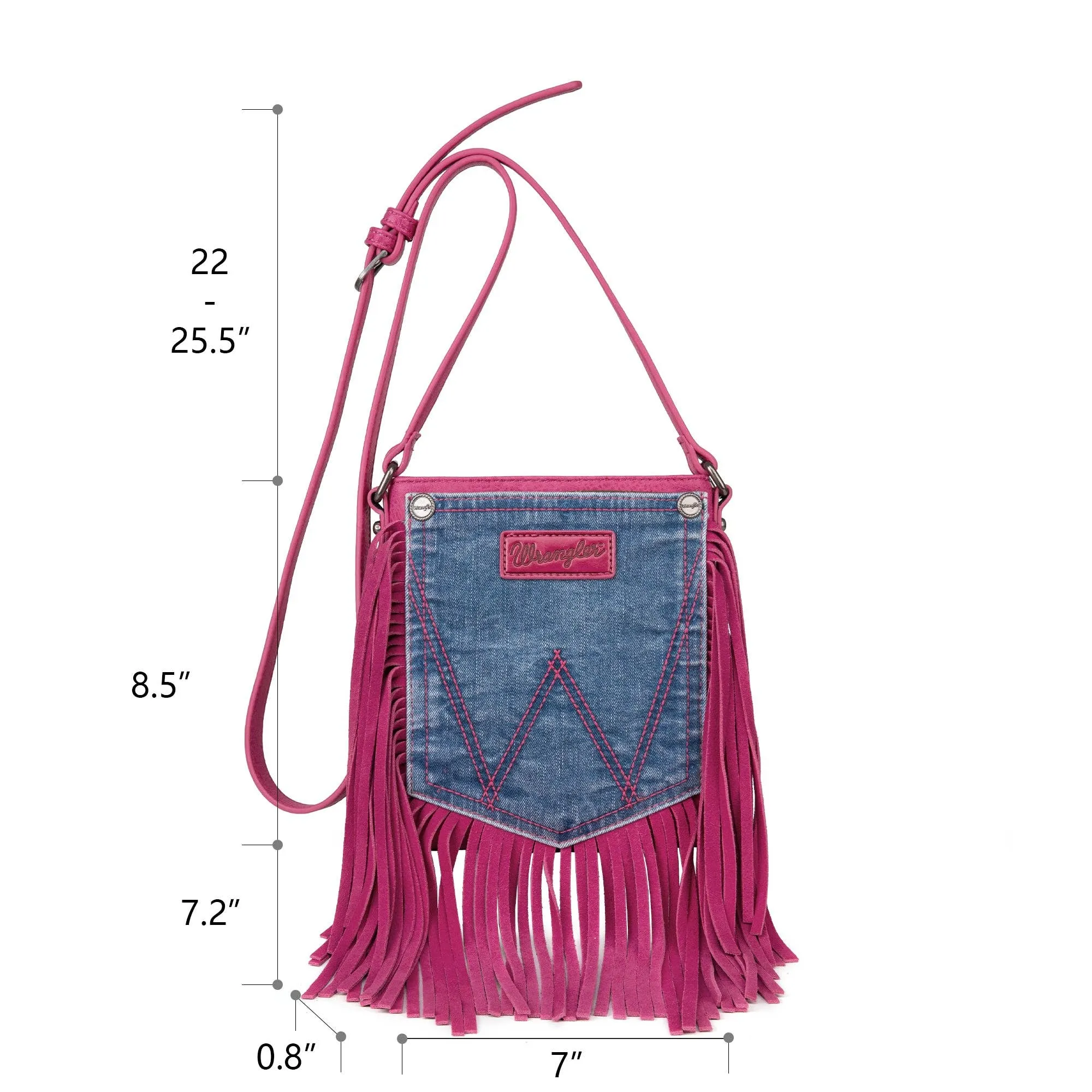 WG44-8360 Wrangler Leather Fringe Jean Denim Pocket Crossbody - Hot Pink: Pink