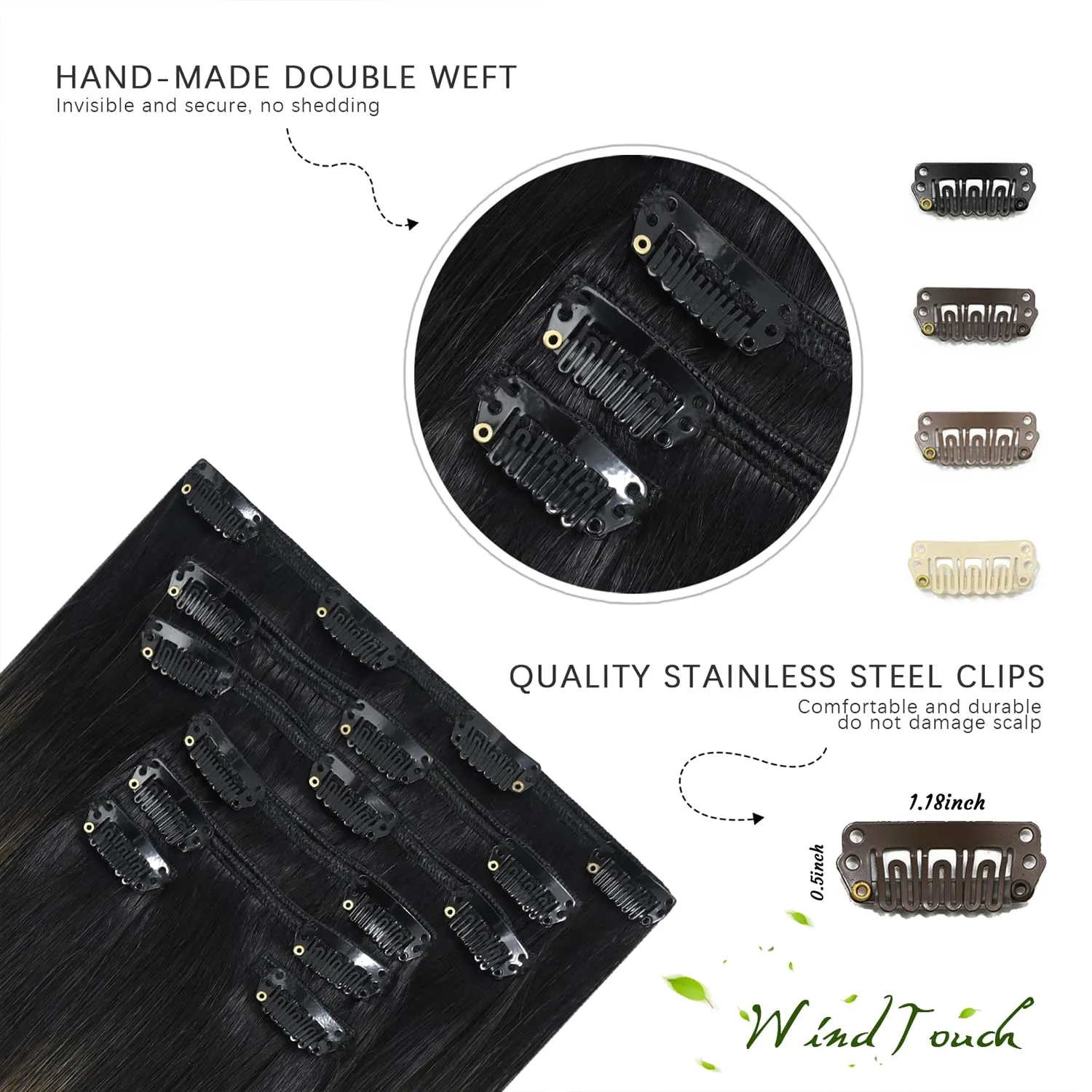 WindTouch Clip in Hair Extensions Human Hair Balayage Natural Black to Chestnut Brown Highlights for Black Hair 12Inch 75g #1BT6P1B 7PCS