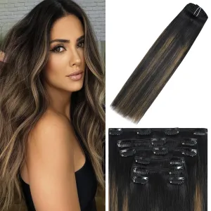 WindTouch Clip in Hair Extensions Human Hair Balayage Natural Black to Chestnut Brown Highlights for Black Hair 12Inch 75g #1BT6P1B 7PCS