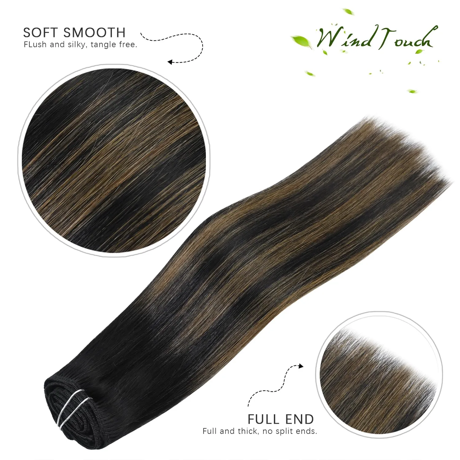 WindTouch Clip in Hair Extensions Human Hair Balayage Natural Black to Chestnut Brown Highlights for Black Hair 12Inch 75g #1BT6P1B 7PCS