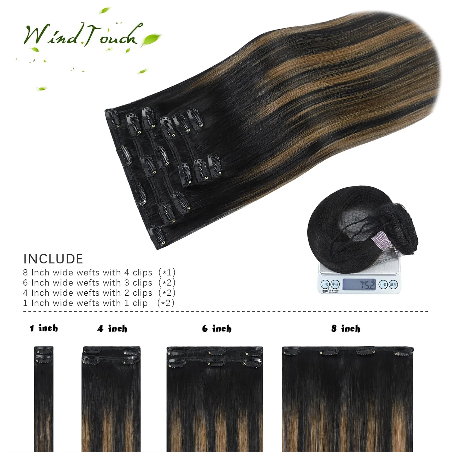 WindTouch Clip in Hair Extensions Human Hair Balayage Natural Black to Chestnut Brown Highlights for Black Hair 12Inch 75g #1BT6P1B 7PCS