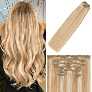 WindTouch Clip In Hair Extensions Human Hair Balayage Reddish Brown to Blonde 18Inch 75g #12P613 7PCS Hair Extensions Remy Hair