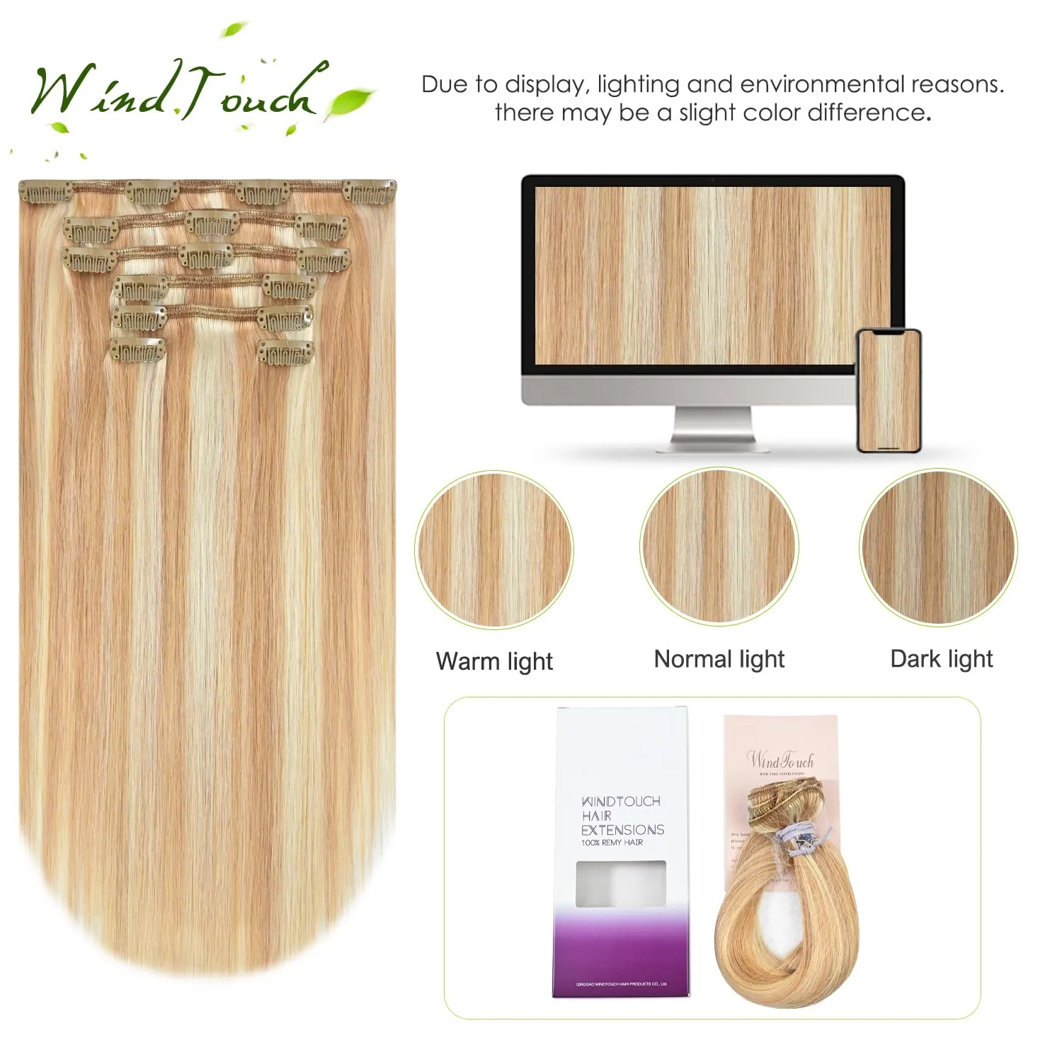 WindTouch Clip In Hair Extensions Human Hair Balayage Reddish Brown to Blonde 18Inch 75g #12P613 7PCS Hair Extensions Remy Hair