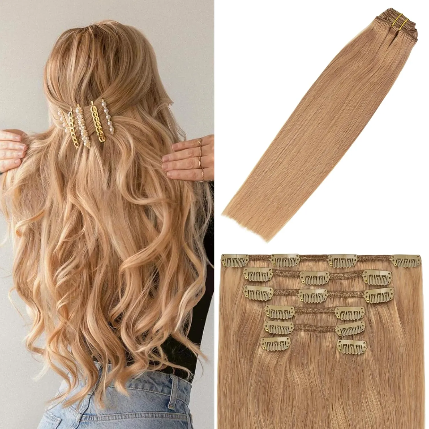 WindTouch Clip in Hair Extensions Real Human Hair #12 Reddish Blonde Extensions 7PCS 12Inch 75g Human Hair Clip in Extensions Dark Blonde Hair Extensions