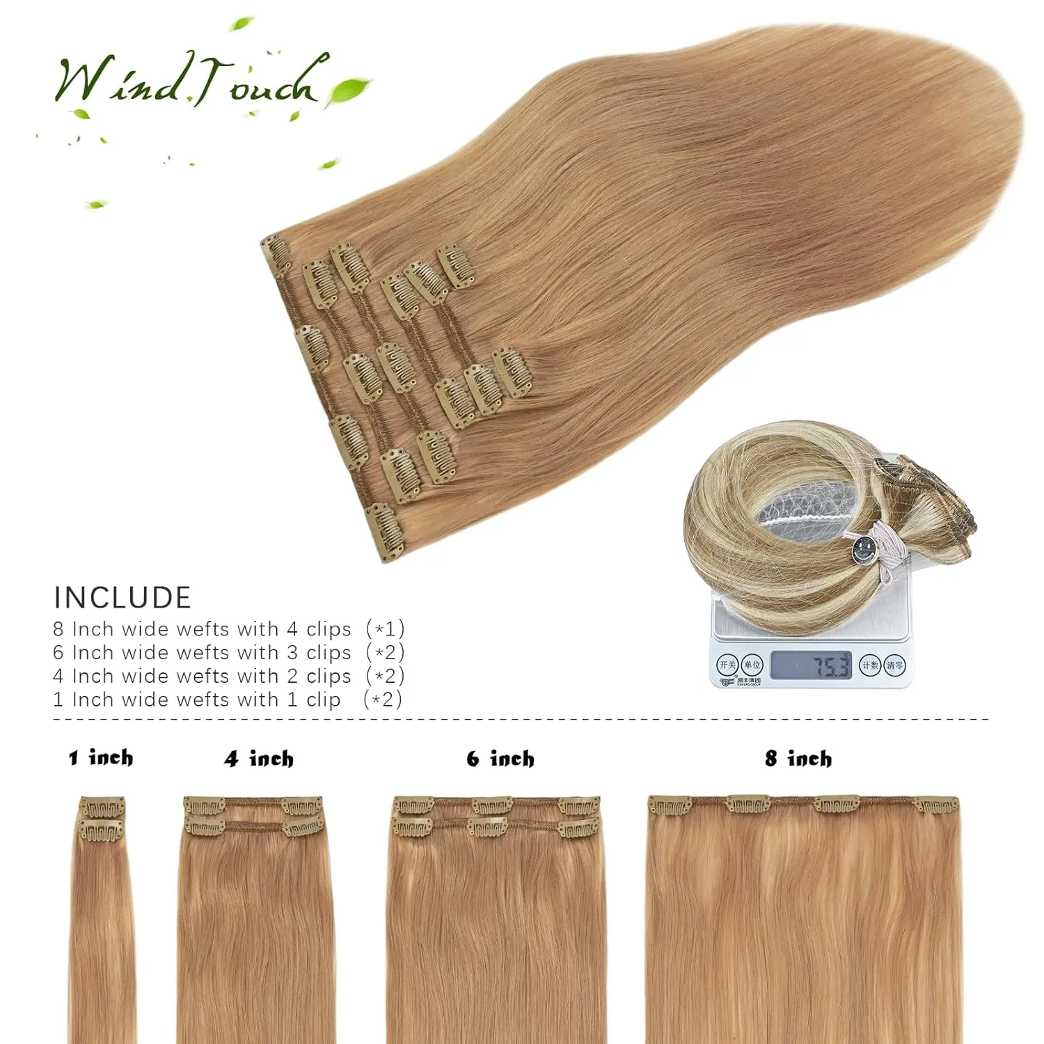 WindTouch Clip in Hair Extensions Real Human Hair #12 Reddish Blonde Extensions 7PCS 12Inch 75g Human Hair Clip in Extensions Dark Blonde Hair Extensions