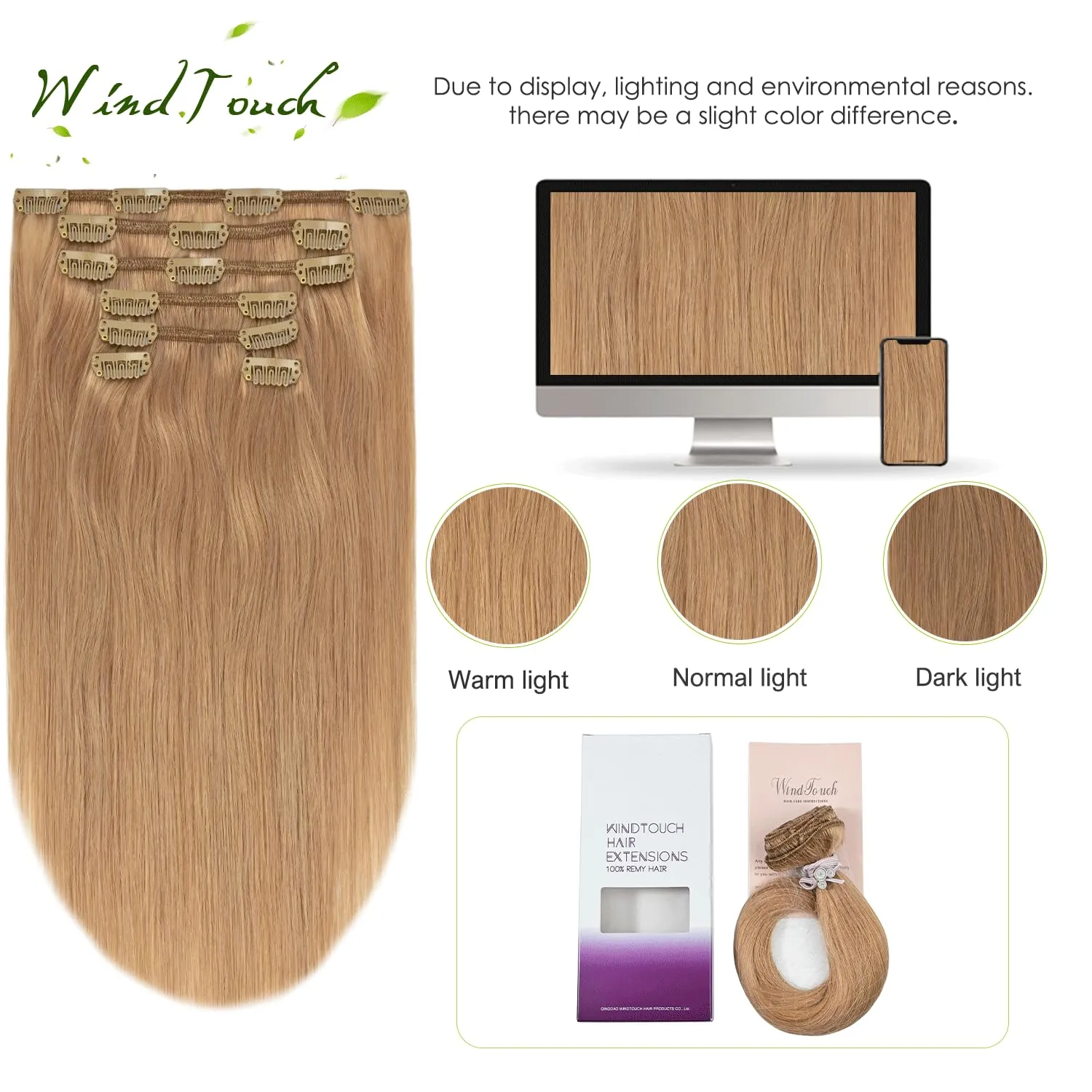 WindTouch Clip in Hair Extensions Real Human Hair #12 Reddish Blonde Extensions 7PCS 12Inch 75g Human Hair Clip in Extensions Dark Blonde Hair Extensions
