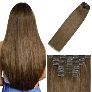 WindTouch Clip In Hair Extensions Real Human Hair Light Brown Extensions 18Inch 75g 7Pcs Human Hair Clip in Extensions #6 Chestnut Brown Hair Extensions for Women