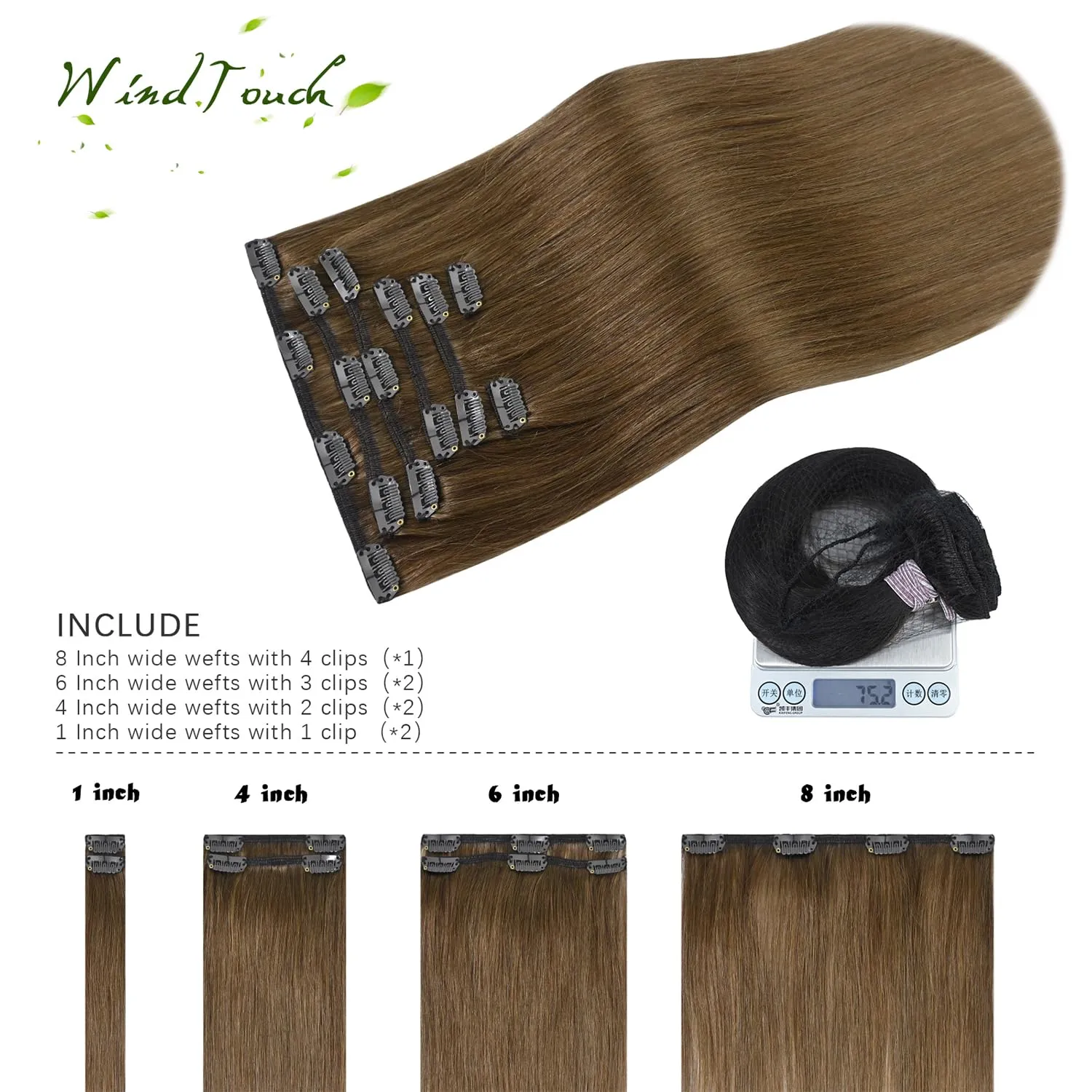 WindTouch Clip In Hair Extensions Real Human Hair Light Brown Extensions 18Inch 75g 7Pcs Human Hair Clip in Extensions #6 Chestnut Brown Hair Extensions for Women