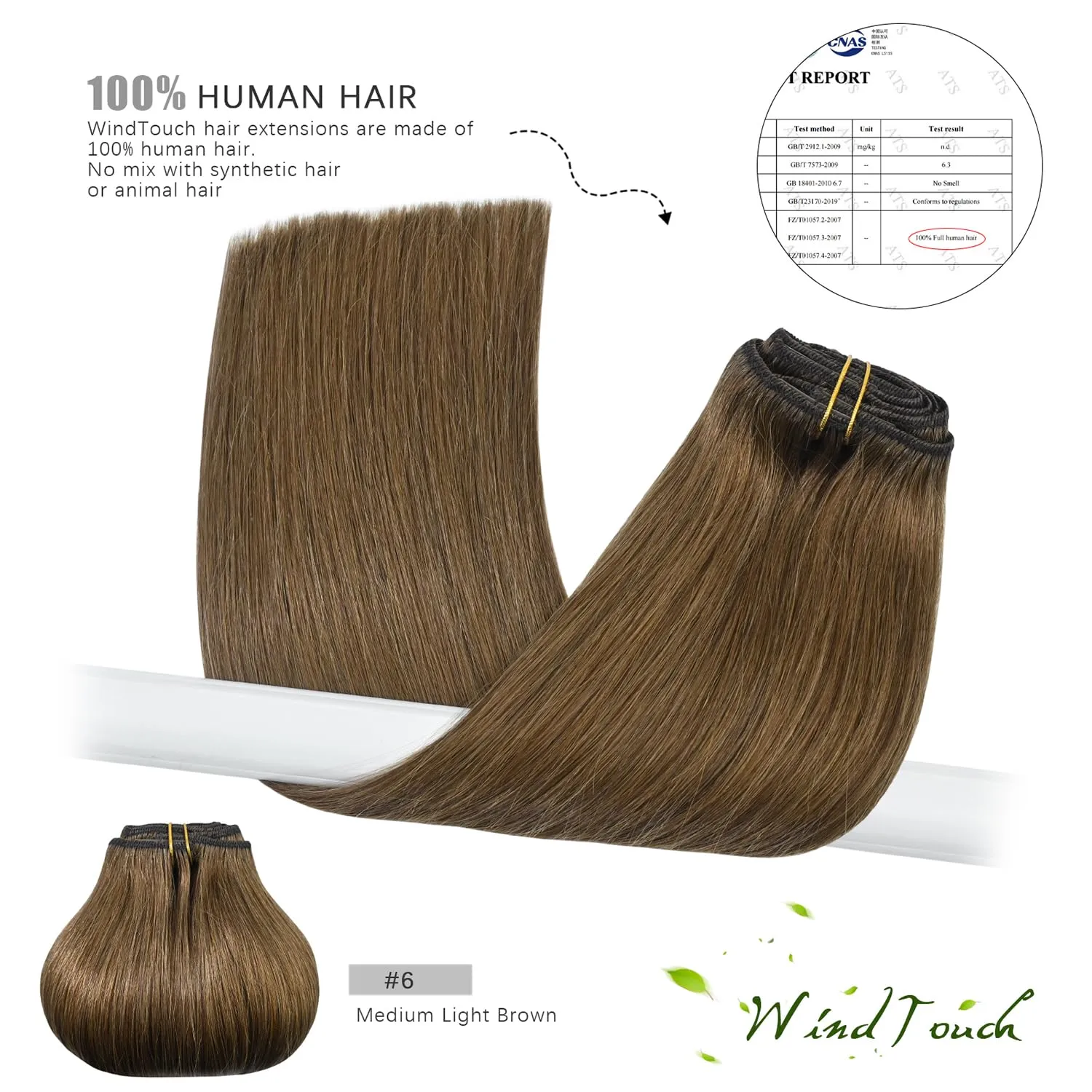 WindTouch Clip In Hair Extensions Real Human Hair Light Brown Extensions 18Inch 75g 7Pcs Human Hair Clip in Extensions #6 Chestnut Brown Hair Extensions for Women