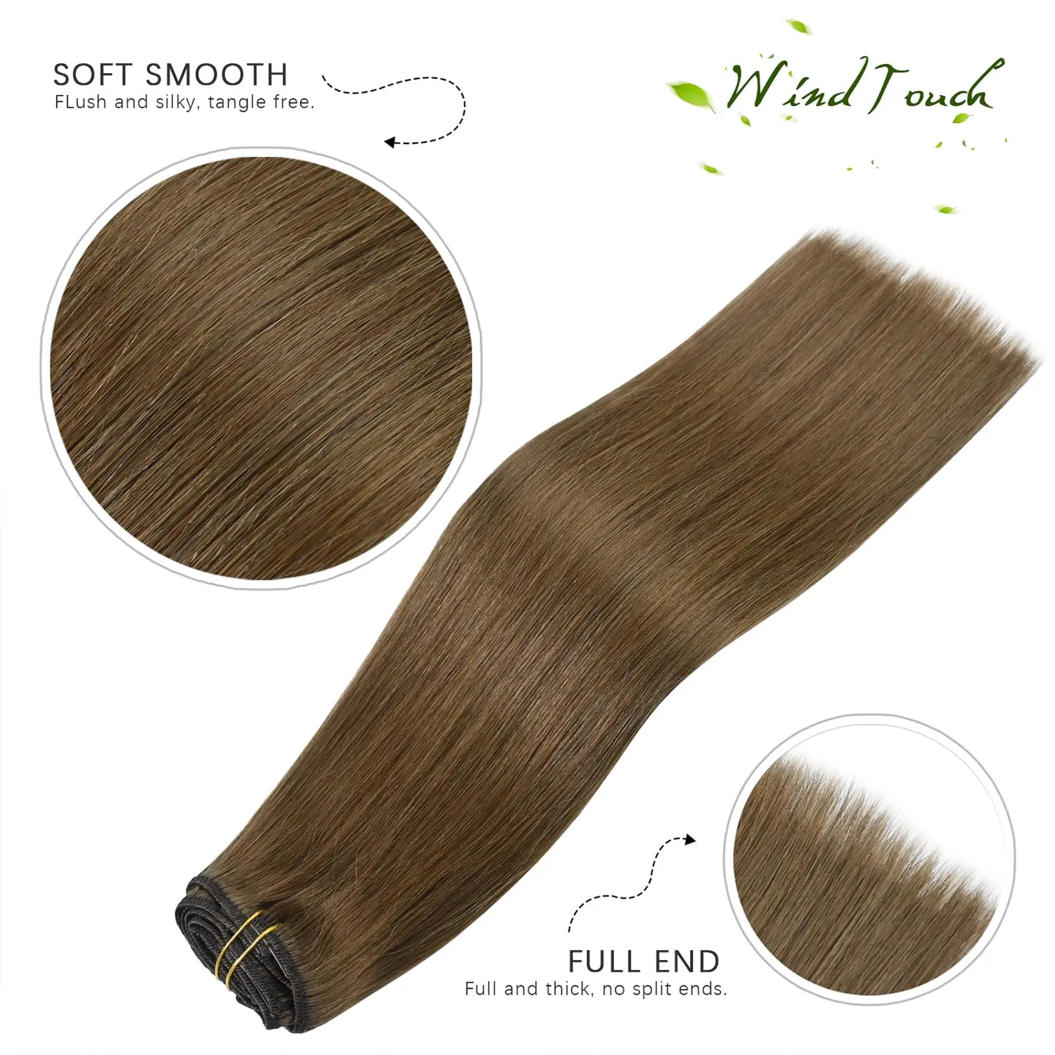 WindTouch Clip In Hair Extensions Real Human Hair Light Brown Extensions 18Inch 75g 7Pcs Human Hair Clip in Extensions #6 Chestnut Brown Hair Extensions for Women