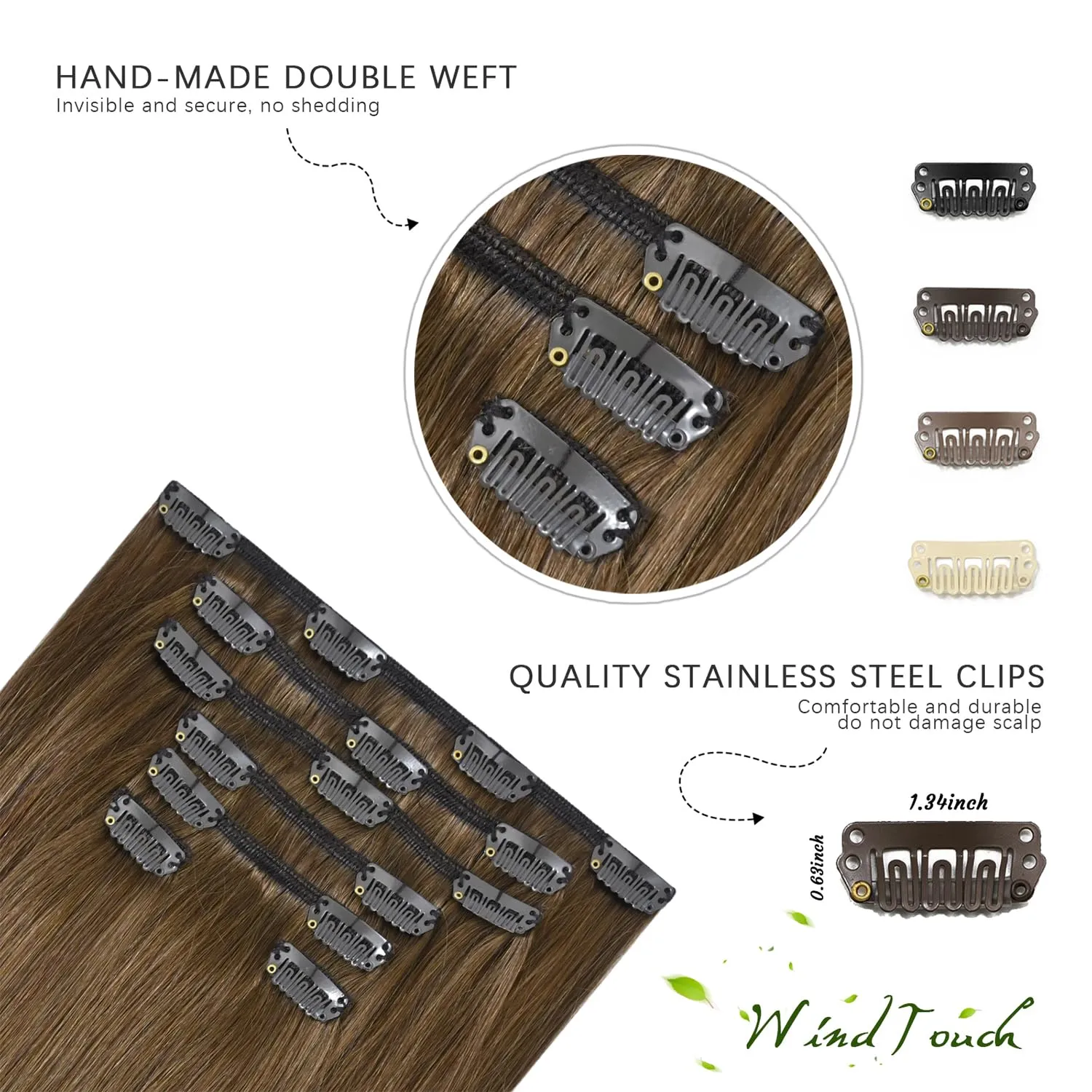 WindTouch Clip In Hair Extensions Real Human Hair Light Brown Extensions 18Inch 75g 7Pcs Human Hair Clip in Extensions #6 Chestnut Brown Hair Extensions for Women