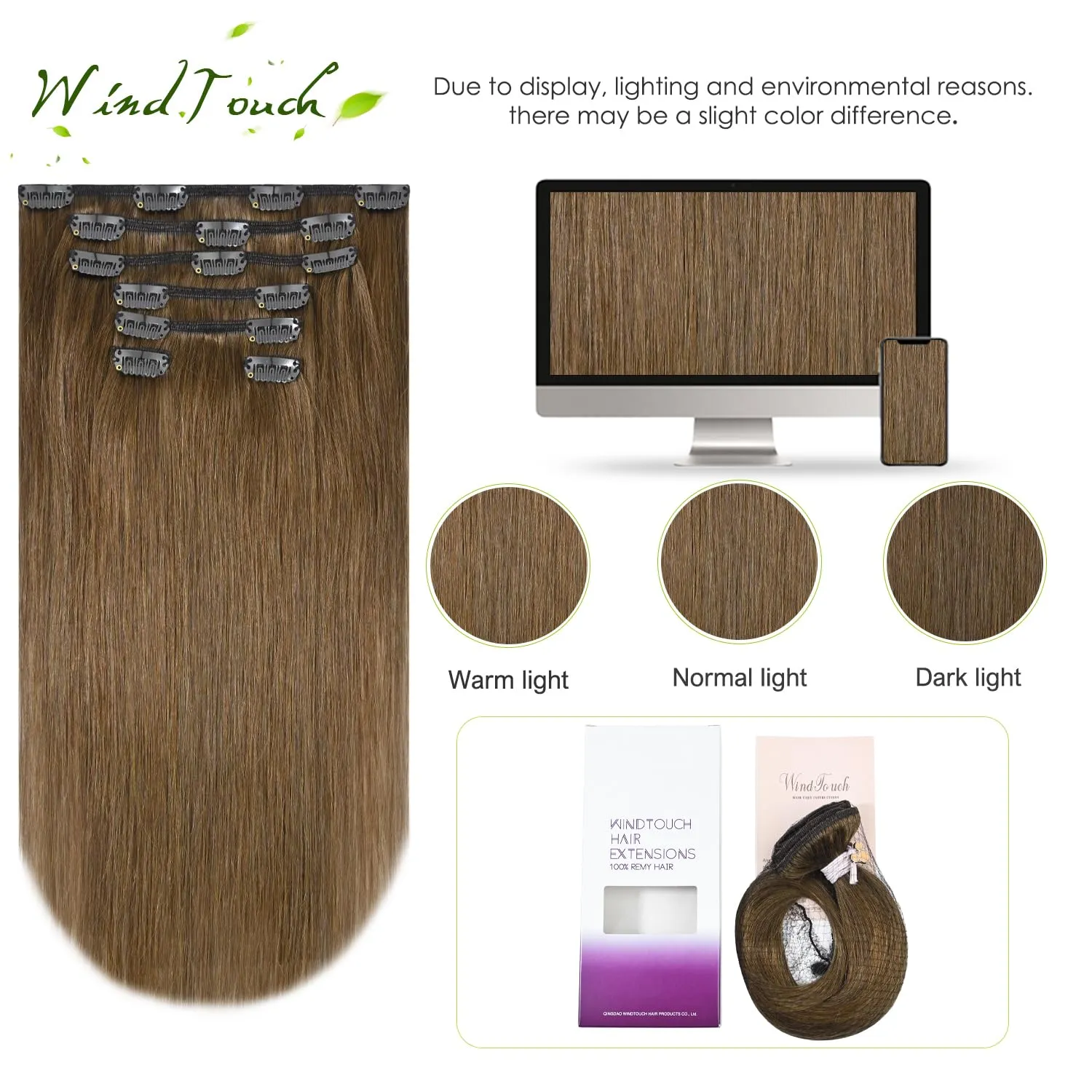 WindTouch Clip In Hair Extensions Real Human Hair Light Brown Extensions 18Inch 75g 7Pcs Human Hair Clip in Extensions #6 Chestnut Brown Hair Extensions for Women