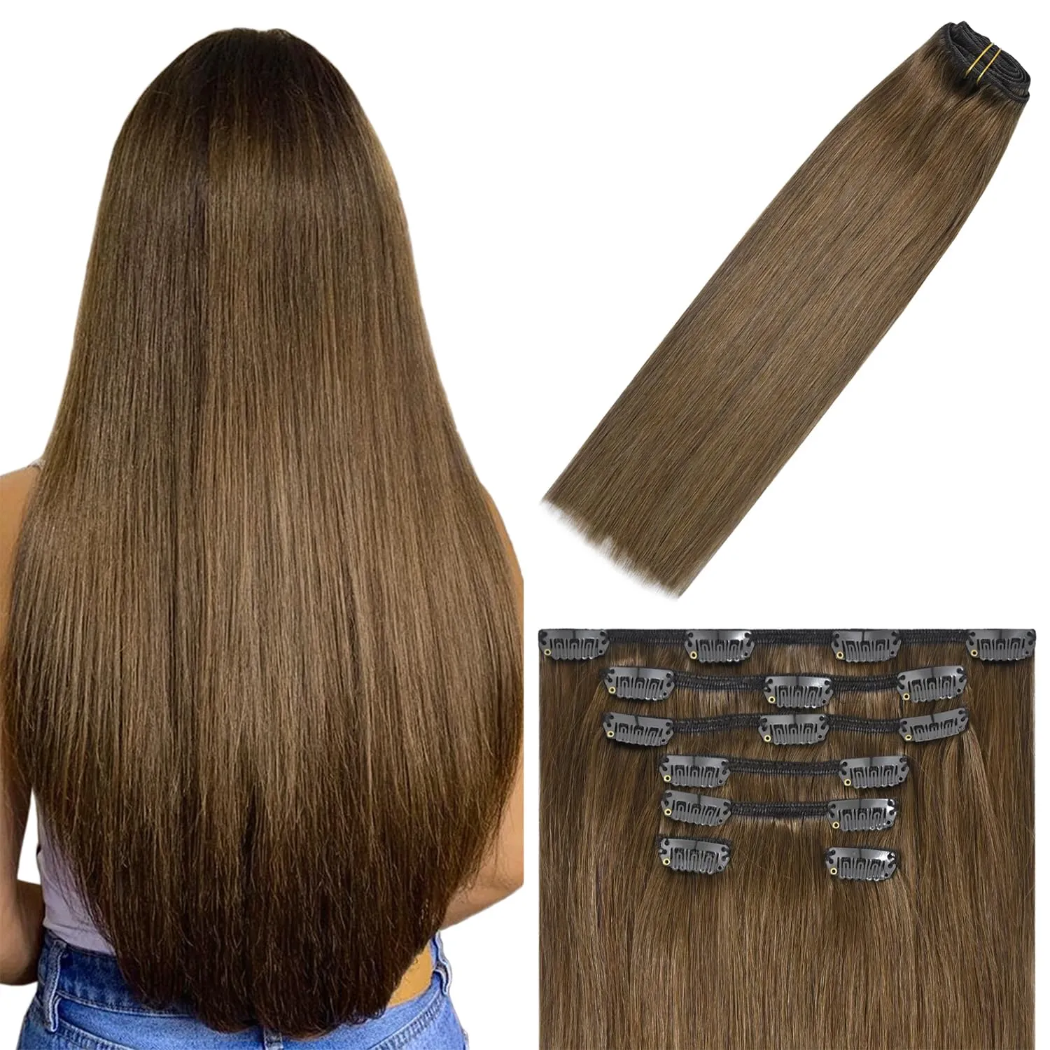 WindTouch Clip In Hair Extensions Real Human Hair Light Brown Extensions 18Inch 75g 7Pcs Human Hair Clip in Extensions #6 Chestnut Brown Hair Extensions for Women