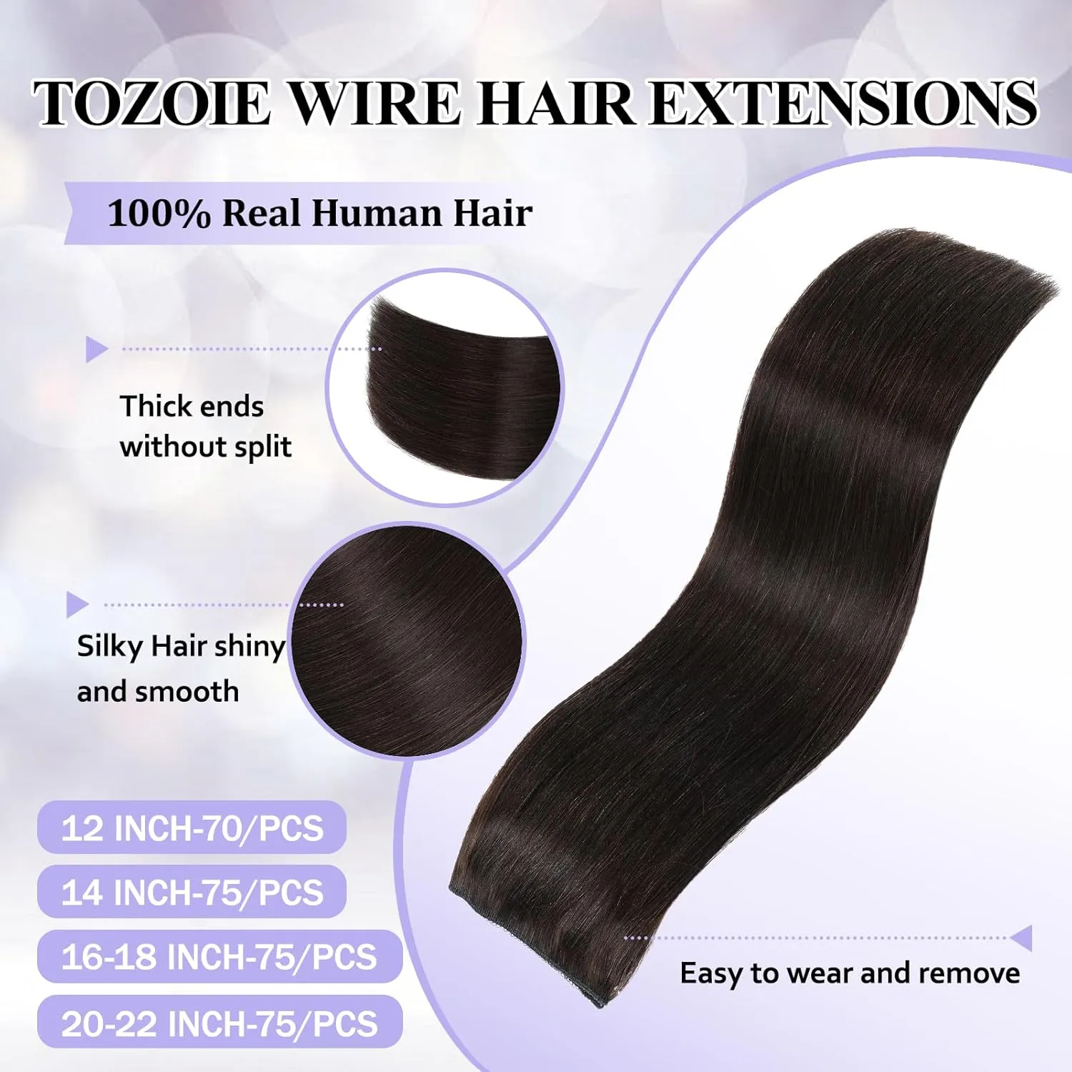 Wire Hair Extensions Invisible Wire Hair Extensions with Transparent Wire Adjustable Size Removable Secure Clips in Straight Secret Hairpiece for Women (22 Inch,Dark Brown)