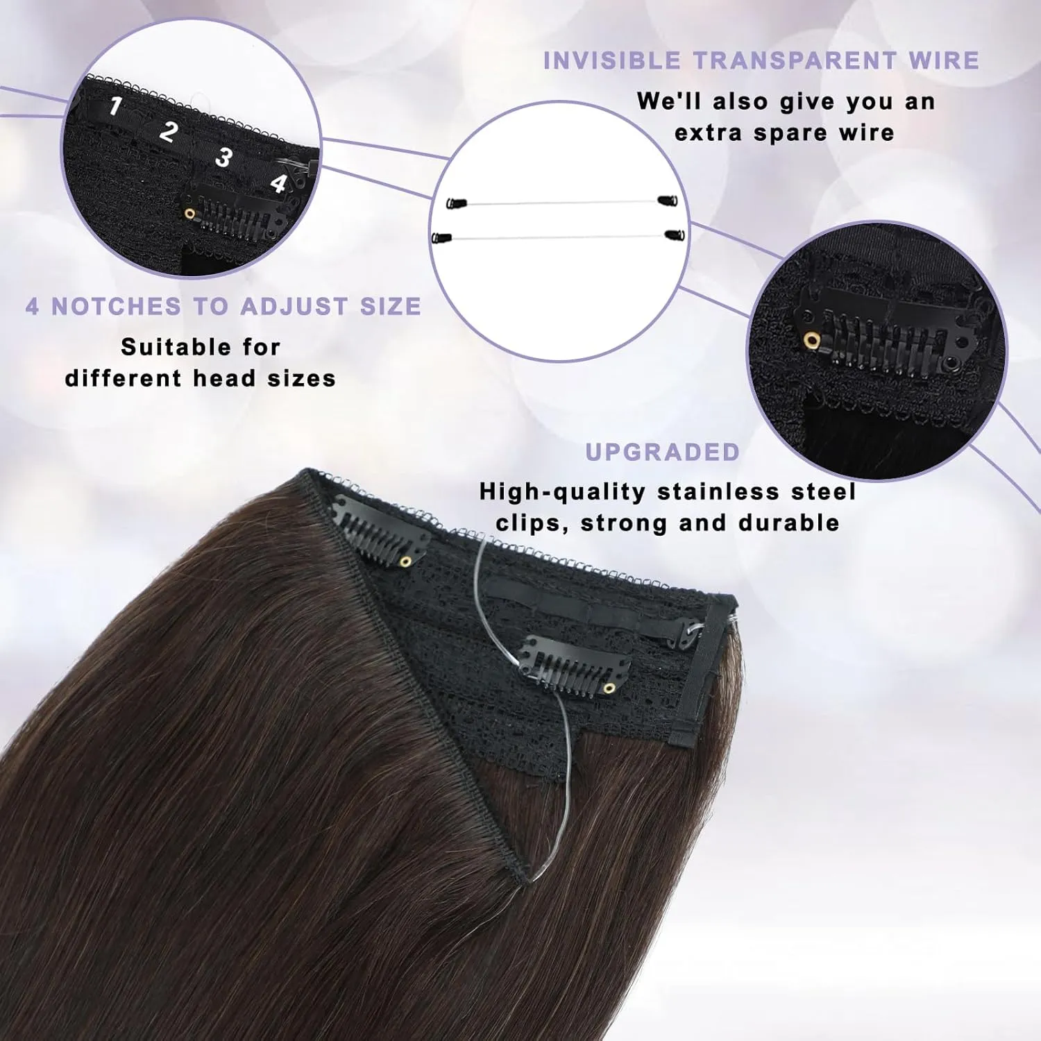 Wire Hair Extensions Invisible Wire Hair Extensions with Transparent Wire Adjustable Size Removable Secure Clips in Straight Secret Hairpiece for Women (22 Inch,Dark Brown)