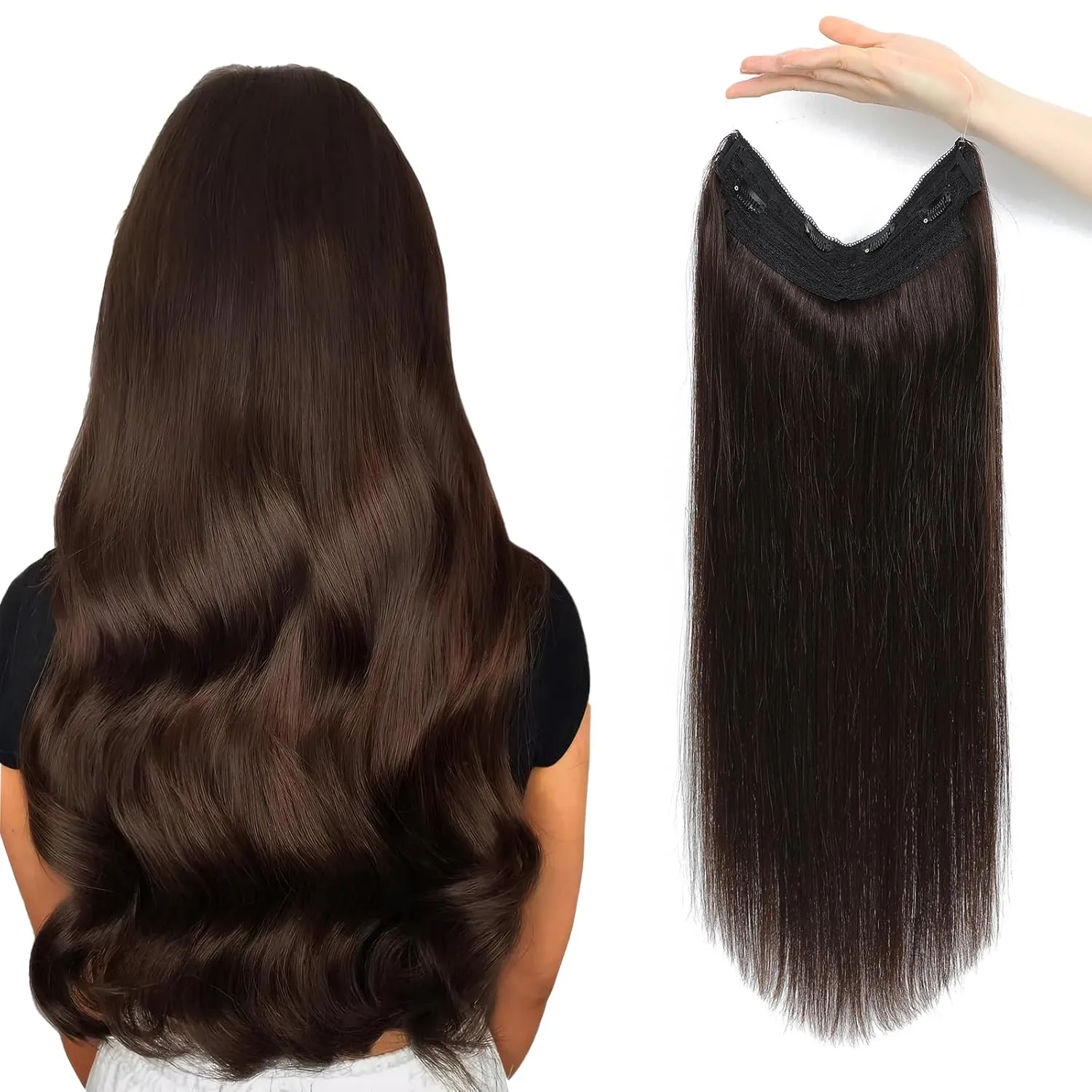 Wire Hair Extensions Invisible Wire Hair Extensions with Transparent Wire Adjustable Size Removable Secure Clips in Straight Secret Hairpiece for Women (22 Inch,Dark Brown)