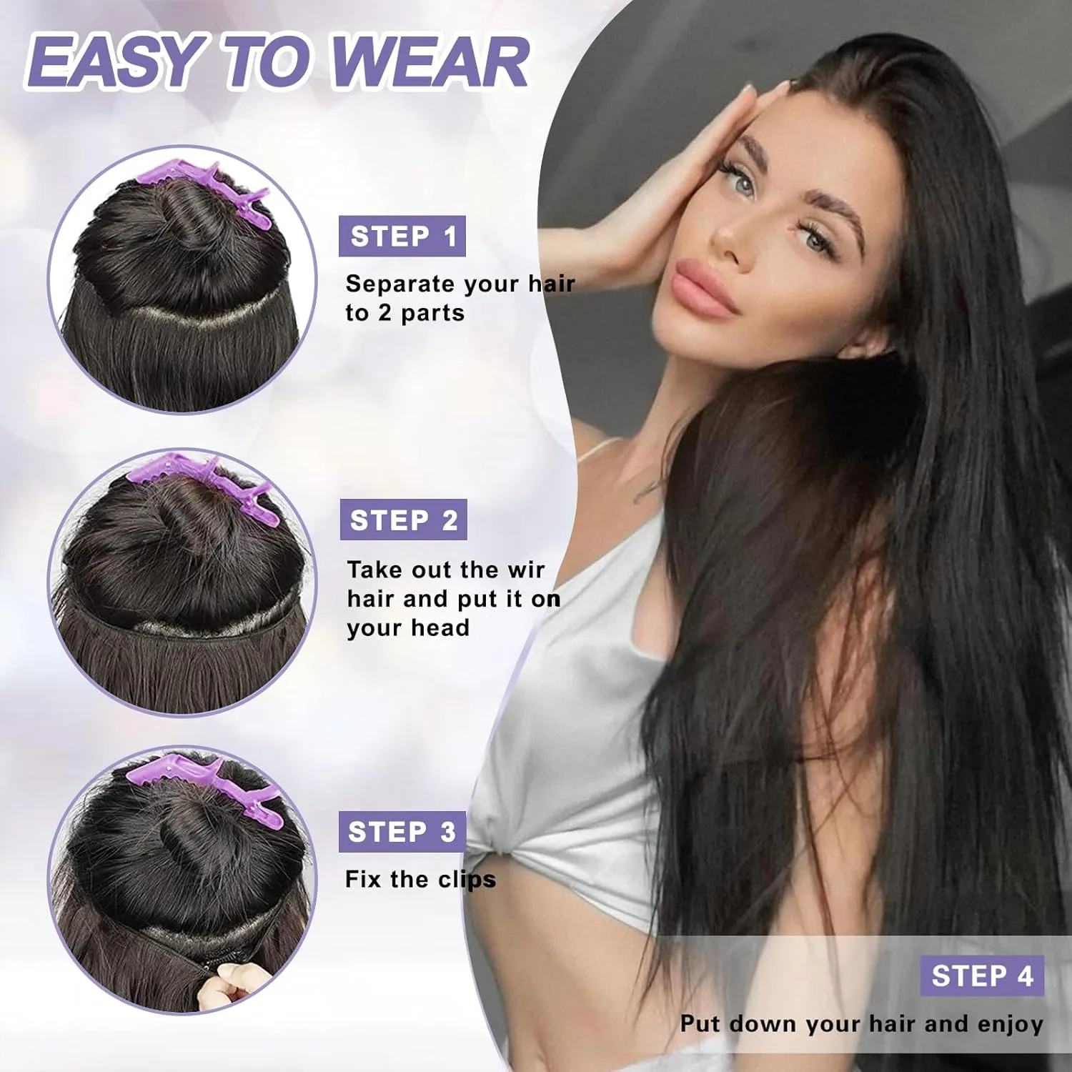 Wire Hair Extensions Invisible Wire Hair Extensions with Transparent Wire Adjustable Size Removable Secure Clips in Straight Secret Hairpiece for Women (22 Inch,Dark Brown)