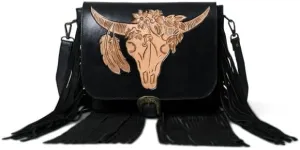 Women Bull Rider Crossbody Bag Cowhide NDM Leather Fringe Hand-Tooled Crossbody with Adjustable Leather Strap.
