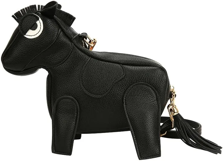 Women Funny Horse Shaped Crossbody Bag Cute Animal Shoulder Bag PU Leather Clutch Purse with Fringe