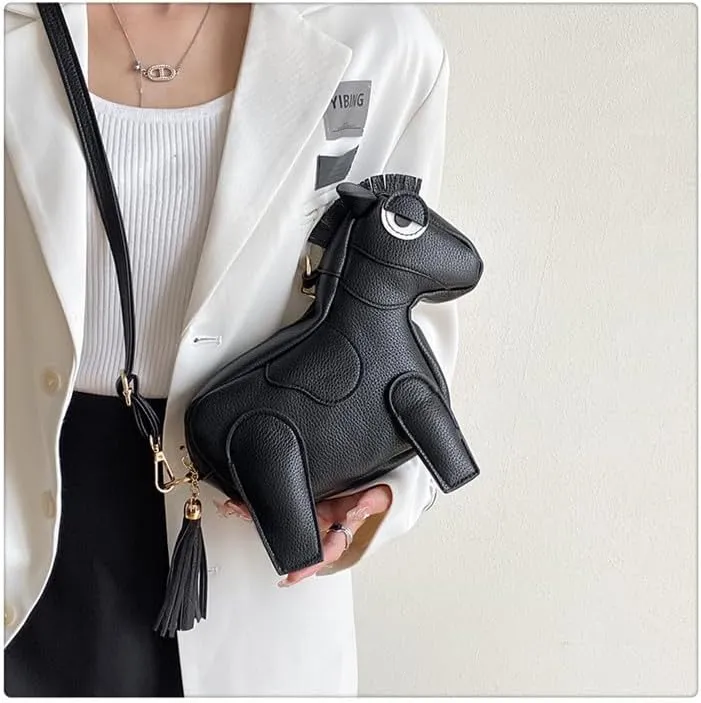 Women Funny Horse Shaped Crossbody Bag Cute Animal Shoulder Bag PU Leather Clutch Purse with Fringe