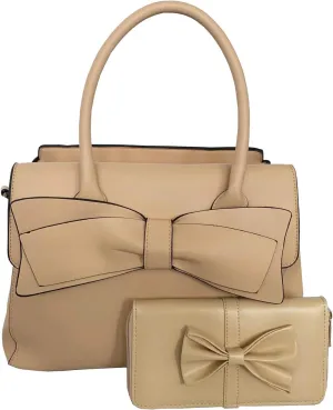 Women Handbag 2 Pcs Set Big Bow-Knot PU Leather Top Handle Bag Designer Tote Bag Clutch Wallet Set for Ladies