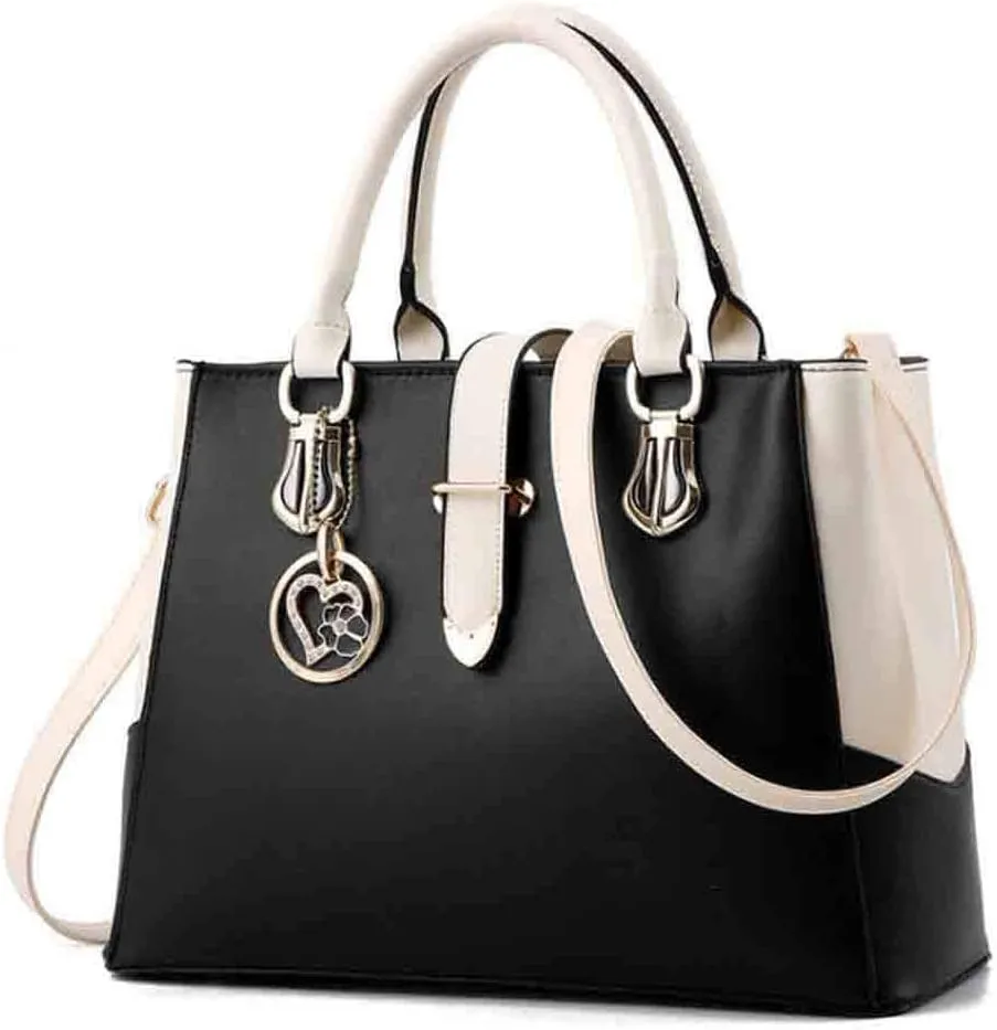 Women Handbag and Purse Stitching Shoulder Top-handle Bag Tote with Heart-shaped Pendant