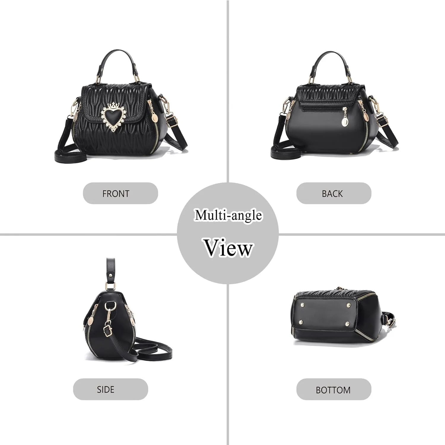 Women Leather Quilted Handbag Top Handle Satchel Bag with Heart Crown Decoration