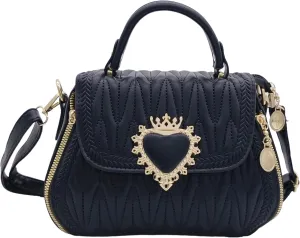 Women Leather Quilted Handbag Top Handle Satchel Bag with Heart Crown Decoration